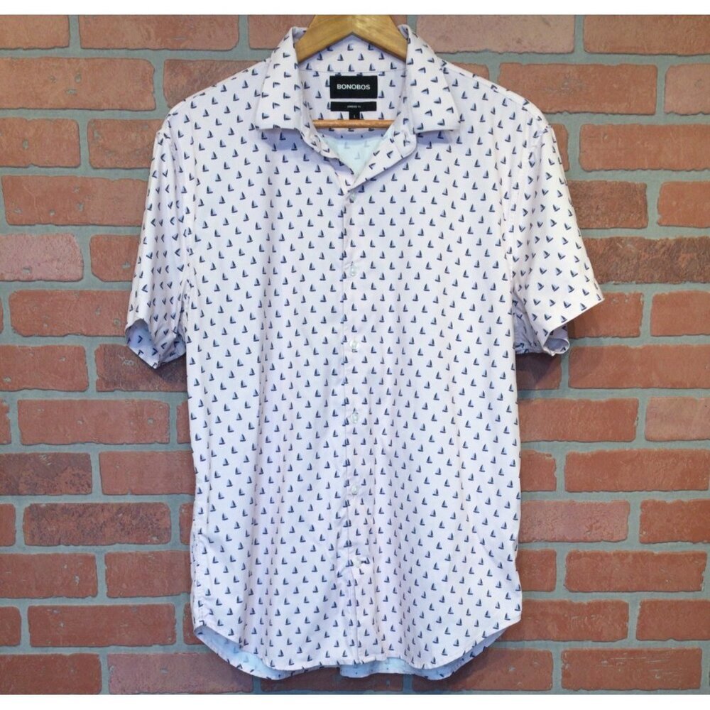 Bonobos Mens Sailboat Print Button Up Polo Shirt Size L Golf Preppy Casual
